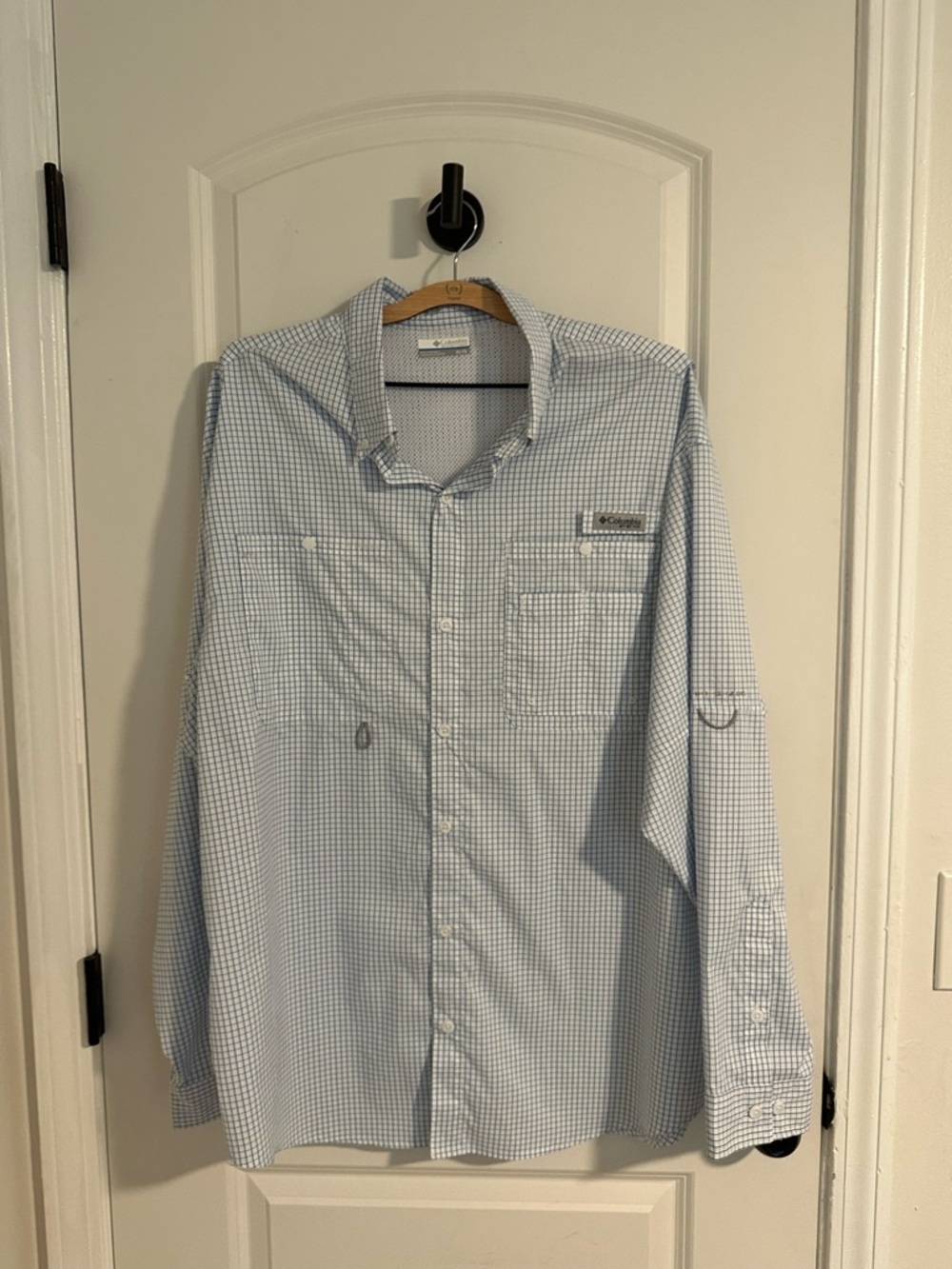 Columbia Men’s Light Blue Check Long-Sleeve Button-Up Shirt xl Gorpcore fishing